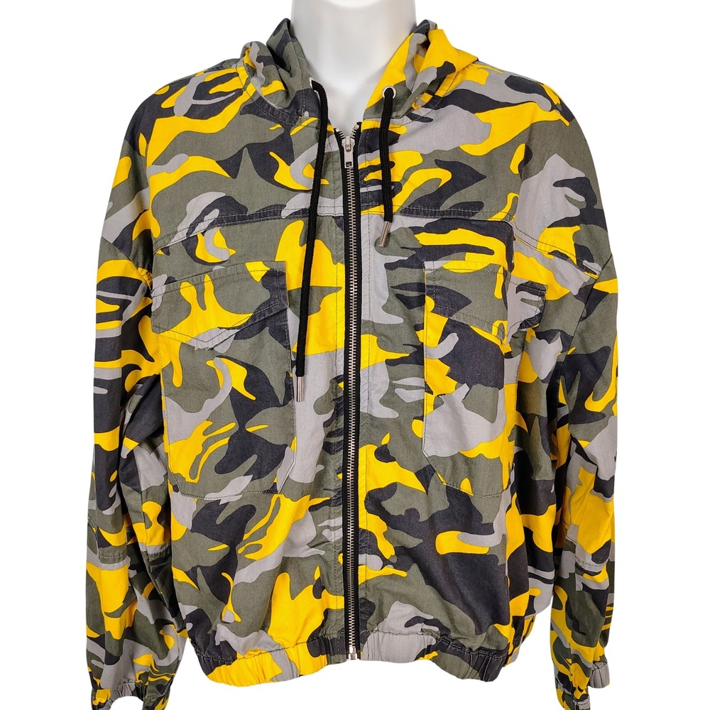 New Look Mens XL Yellow Camo Hooded Full Zip Jacket Cotton Utility Streetwear